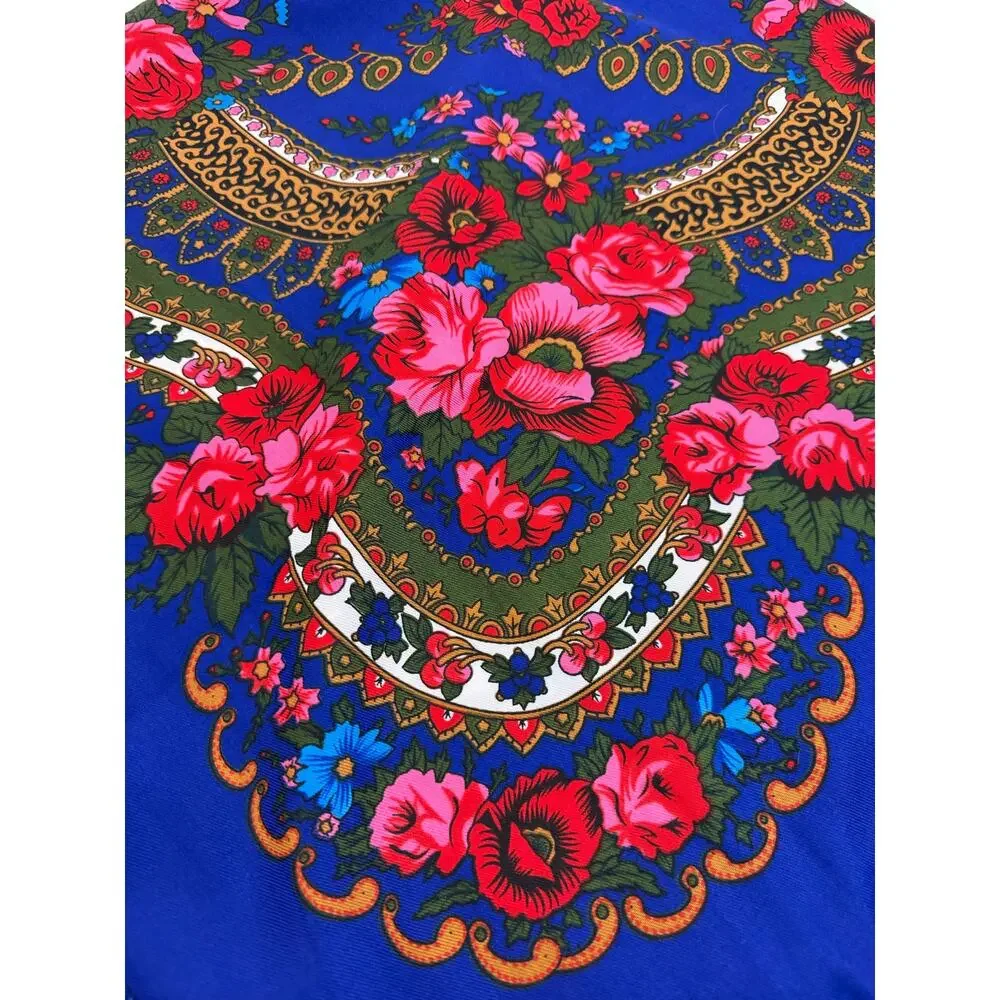 Blue Floral Fringe Tablecloth Tapestry Square 44 x 44